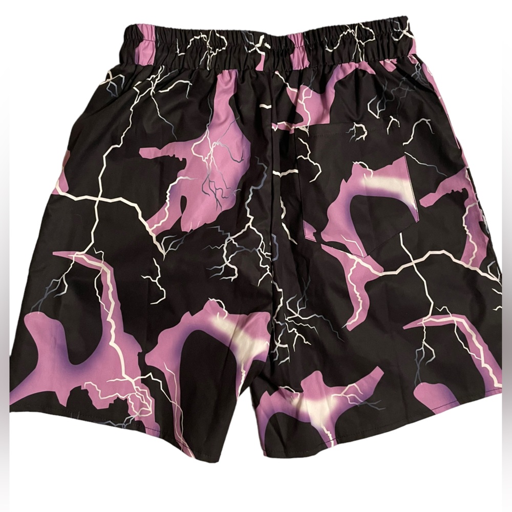 Men’s ROMWE Black and Purple Lightning Graphic Drawstring Lounge Shorts